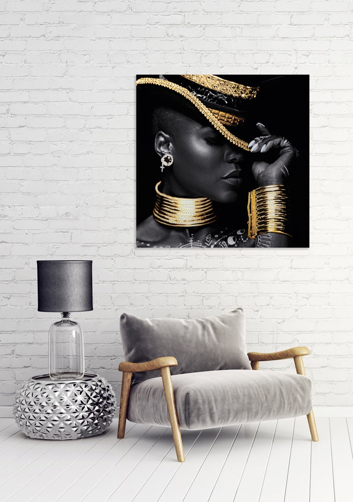 Mysterious Beauty with hat | Glasplaat | 100 x 100 cm