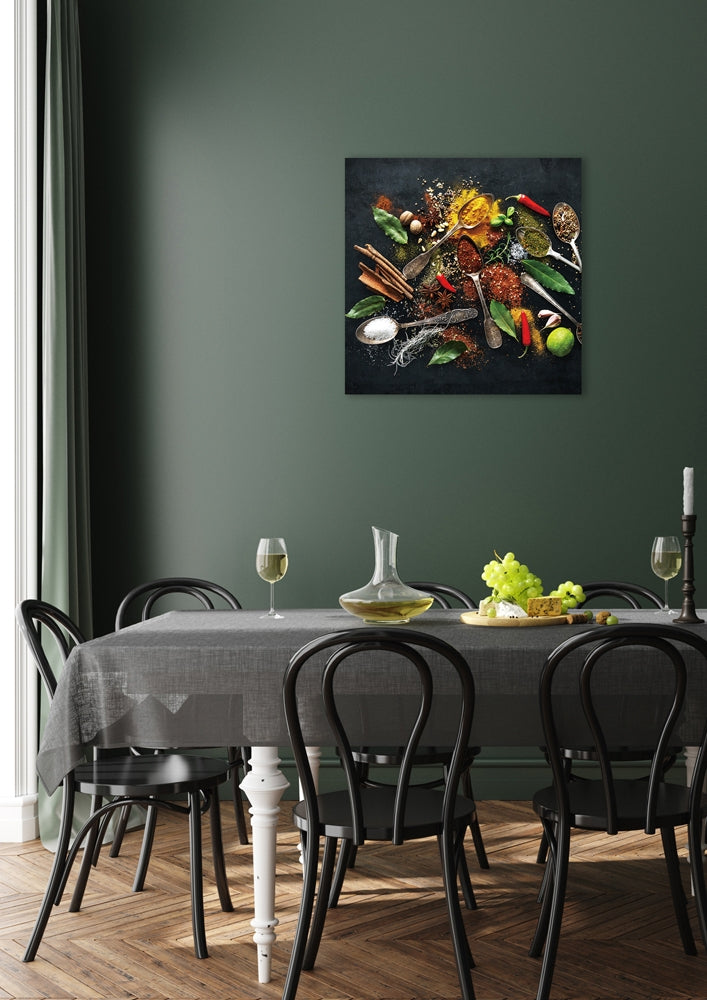 Antique spoons with spices I | Glasplaat | 60 x 60 cm