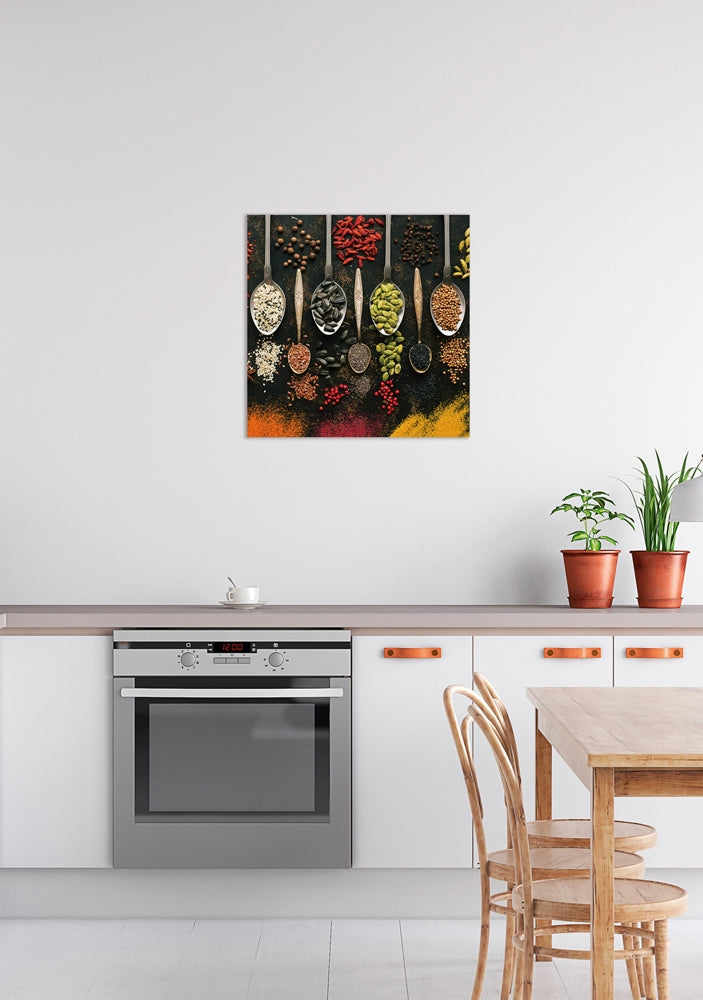 Antique spoons with spices III | Glasplaat | 60 x 60 cm