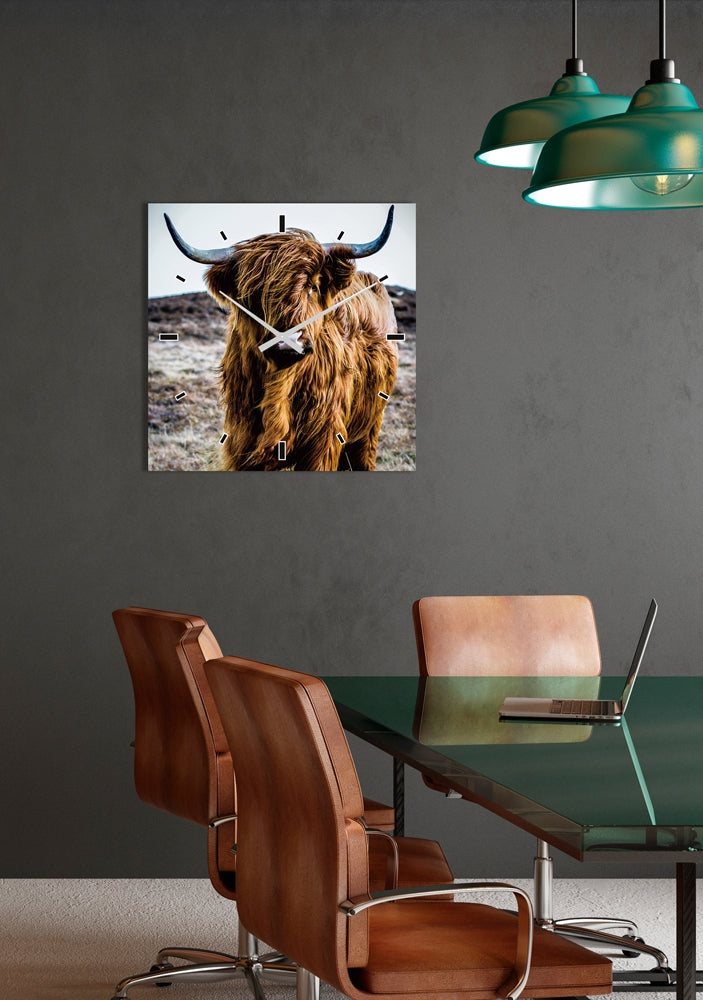 Wandklok Schotse Hooglander | Glasplaat | 60 x 60 cm
