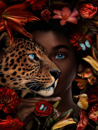 Colour Lady with Leopard | Glasplaat | 60 x 80 cm