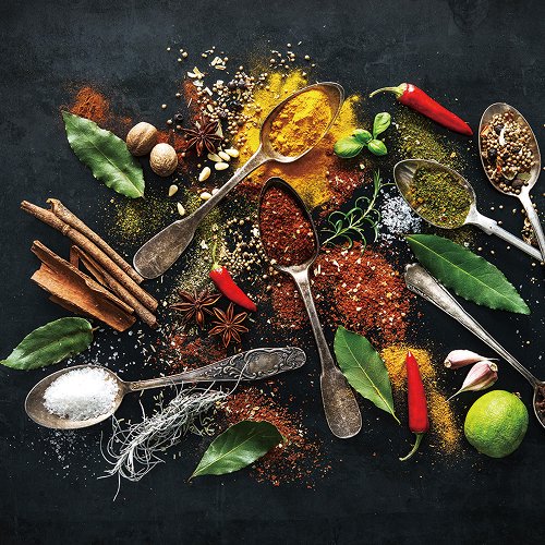 Antique spoons with spices I | Glasplaat | 60 x 60 cm
