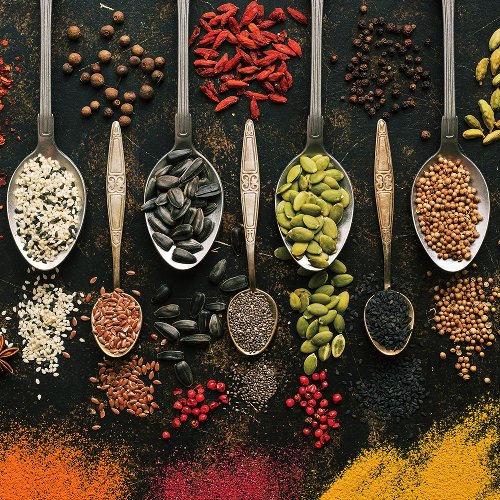 Antique spoons with spices III | Glasplaat | 60 x 60 cm