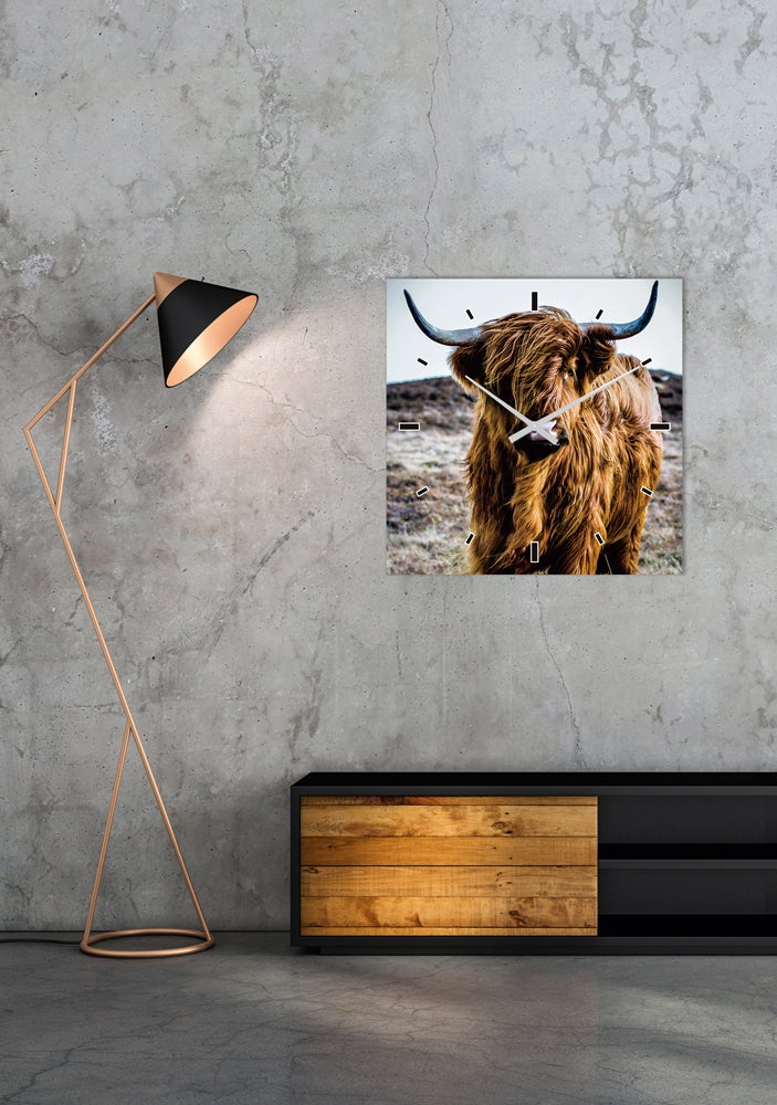 Wandklok Schotse Hooglander | Glasplaat | 60 x 60 cm